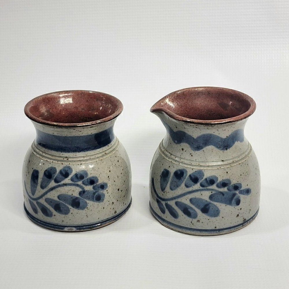 Harvey Grandville Hollow Pottery Salt Glaze Sugar & Creamer Cobalt Motif